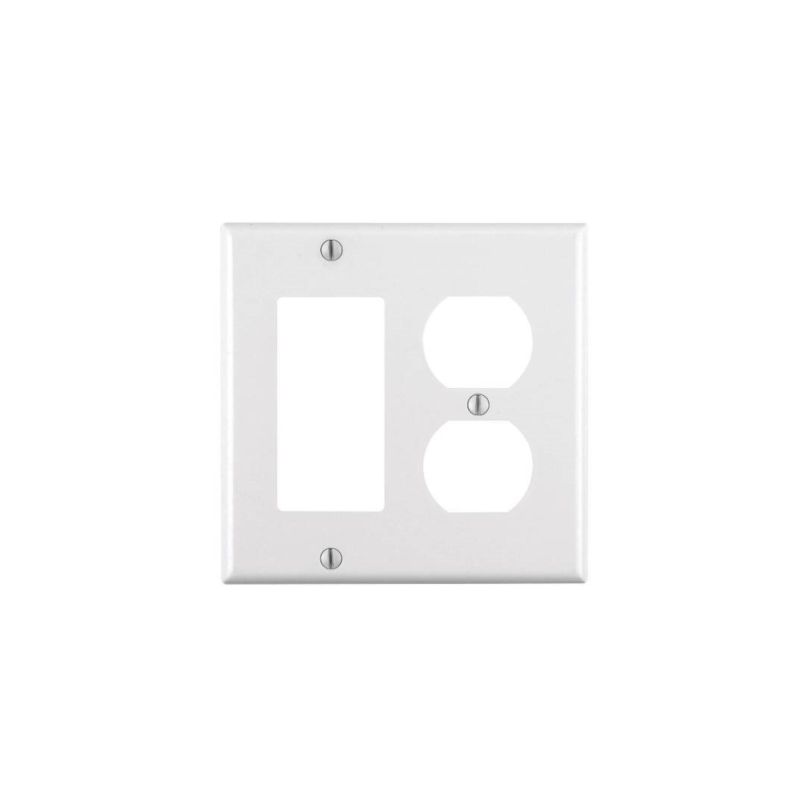 Leviton 80455-W Combination Wallplate, 4-1/2 in L, 4-9/16 in W, 2 -Gang, Thermoset Plastic, White, Smooth White