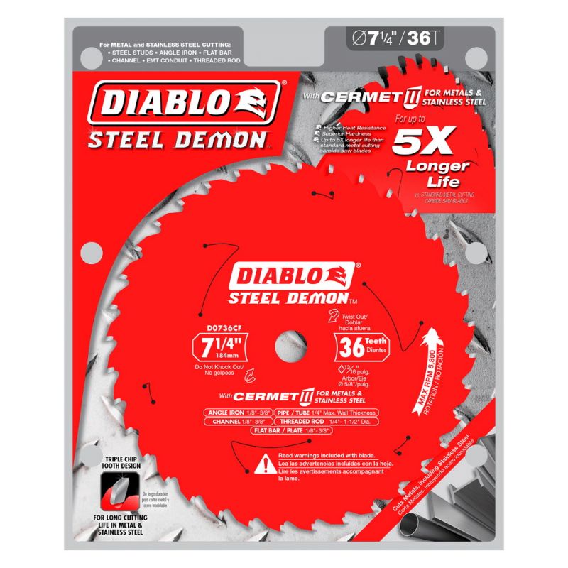 Diablo Steel Demon D0736CF Saw Blade, 7-1/4 in Dia, 5/8 in Arbor, 36-Teeth, Cermet II Cutting Edge