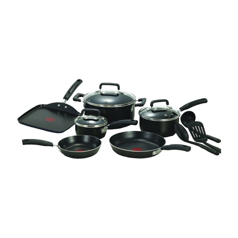 T-fal C530SC74 Cookware Set, Aluminum, Black, 12-Piece Black