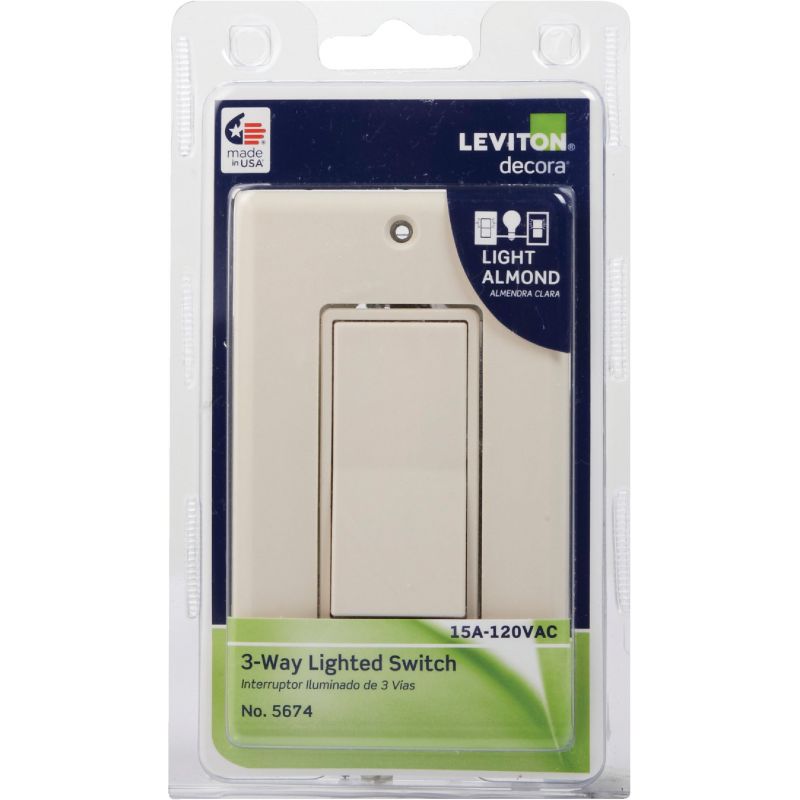 Leviton Decora Illuminated Rocker 3-Way Switch Light Almond, 15