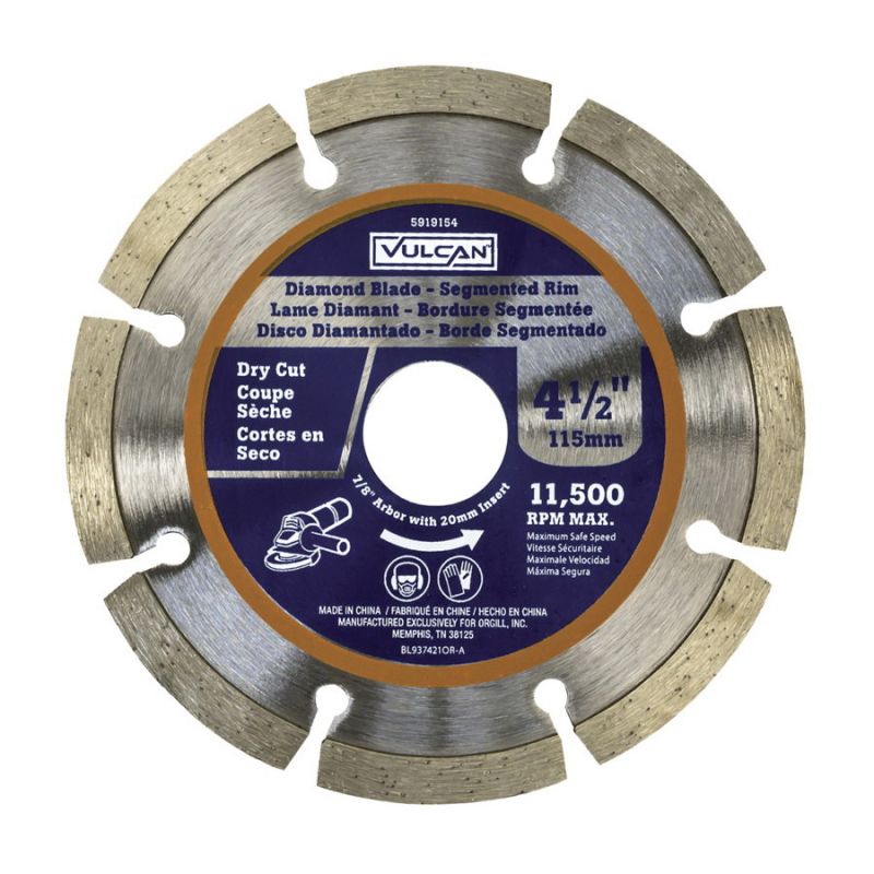Vulcan 937421OR Diamond Blade, 4.5 in Dia, 7/8 in Arbor, Synthetic Industrial Diamond and 2% Cobalt Cutting Edge