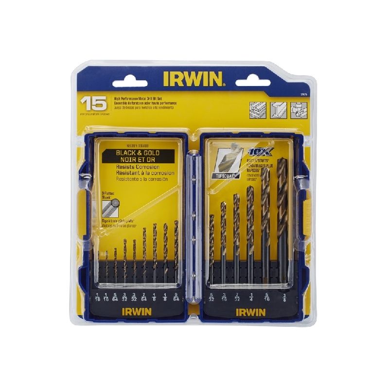 Irwin 318015 Drill Bit Set, Turbo Point, 15-Piece, Steel Black/Gold
