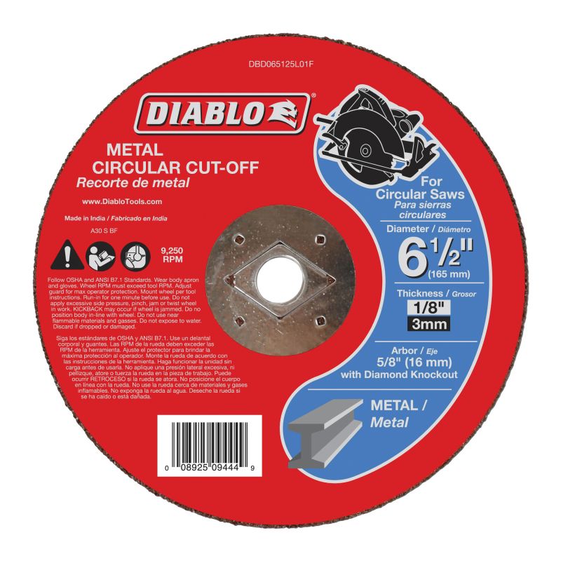 Diablo DBD065125L01F Cut-Off Wheel, 6-1/2 in Dia, 1/8 in Thick, 5/8 in Arbor, Aluminum Oxide Abrasive