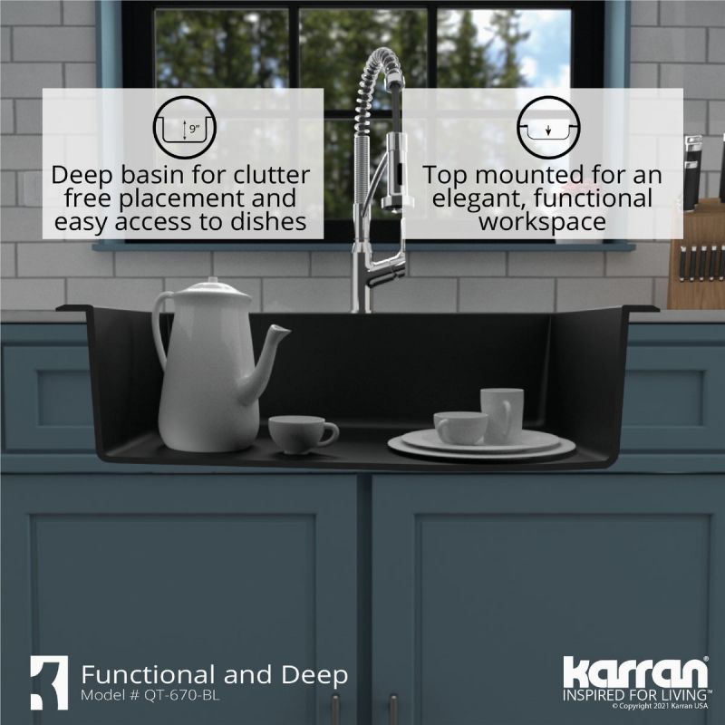 Karran QT-670 Quartz Single Bowl Kitchen Sink 33 In. X 22 In. X 9 In. Deep, Black