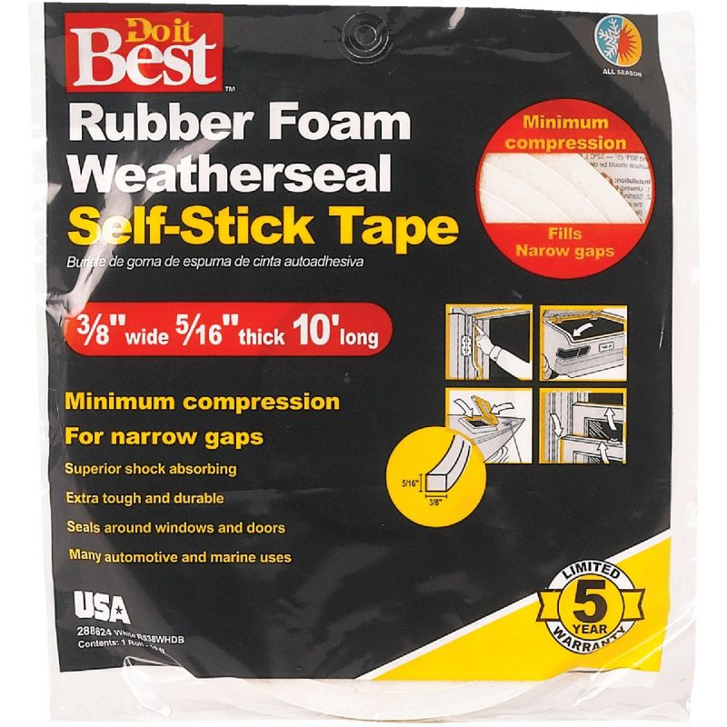 Do it Best Rubber Foam Weatherstrip Tape 3/8&quot; W X 5/16&quot; T X 10&#039; L, White