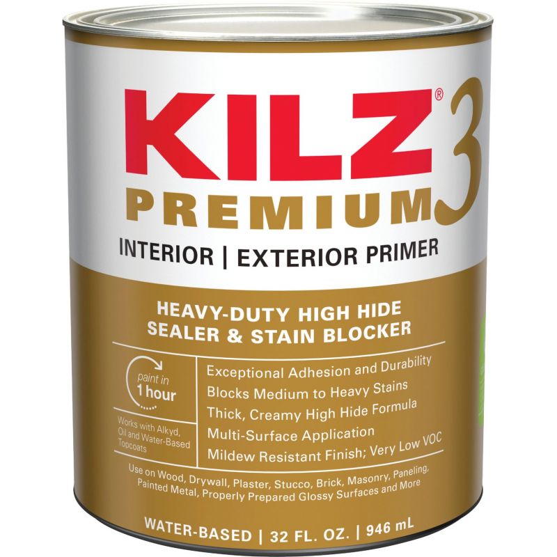 KILZ 3 Premium Water-Base Interior/Exterior Sealer Stain Blocking Primer 1 Qt., White