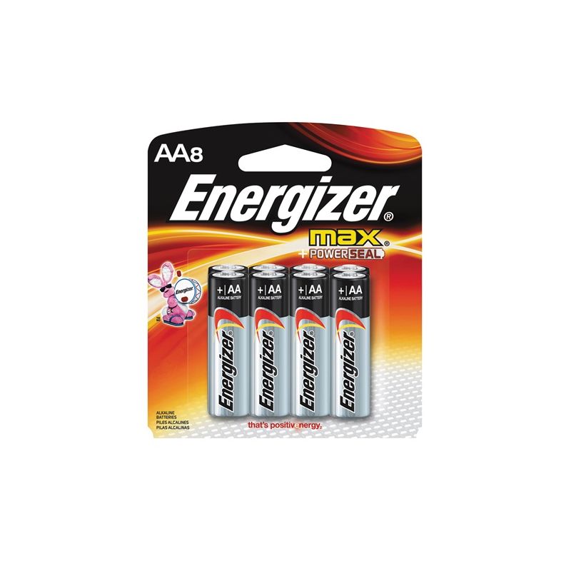 Energizer E91 E91MP-8 Battery, 1.5 V Battery, 2850 mAh, AA Battery, Alkaline, Manganese Dioxide, Zinc, Red Red