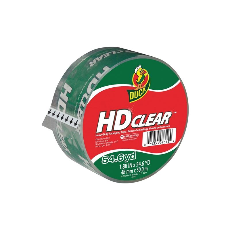 Duck HD Clear 297438 Packaging Tape, 54.6 yd L, 1.88 in W, Clear Clear