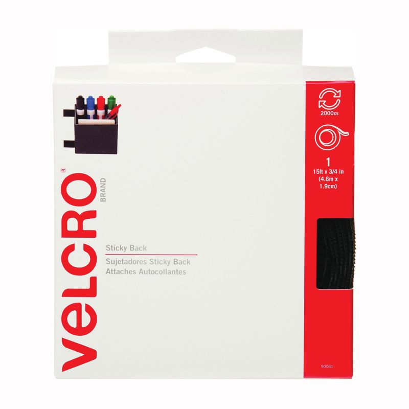 VELCRO Brand 90081 Fastener, 3/4 in W, 15 ft L, Nylon, Black, Rubber Adhesive Black