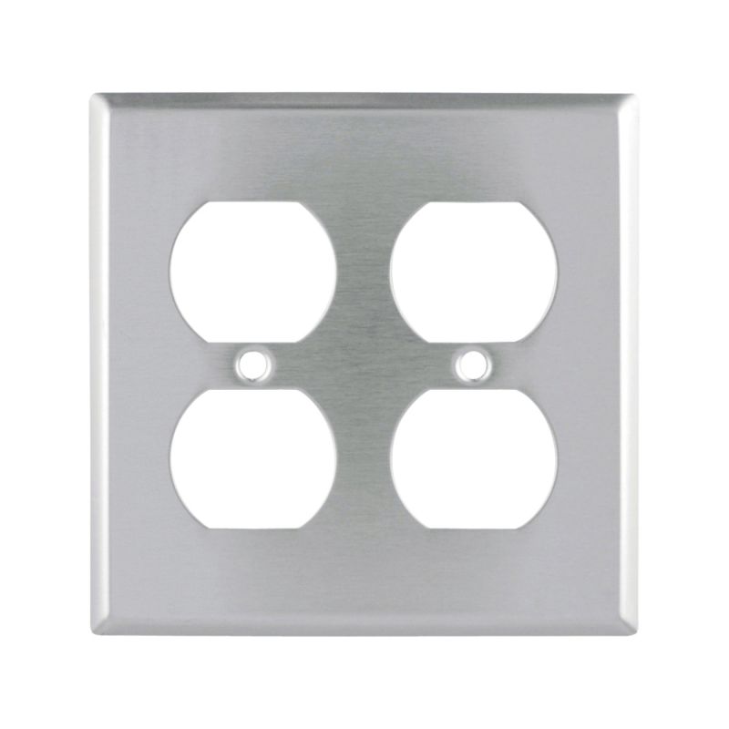 Eaton 93102-SP-L Receptacle Wallplate, 4.51 in L, 4.45 in W, 2-Gang, Stainless Steel, Brushed Satin, Screw