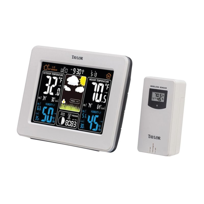 Taylor 1736 Weather Forecaster, Battery, 122 deg F, 20 to 95 % Humidity Range, LCD Display, White White