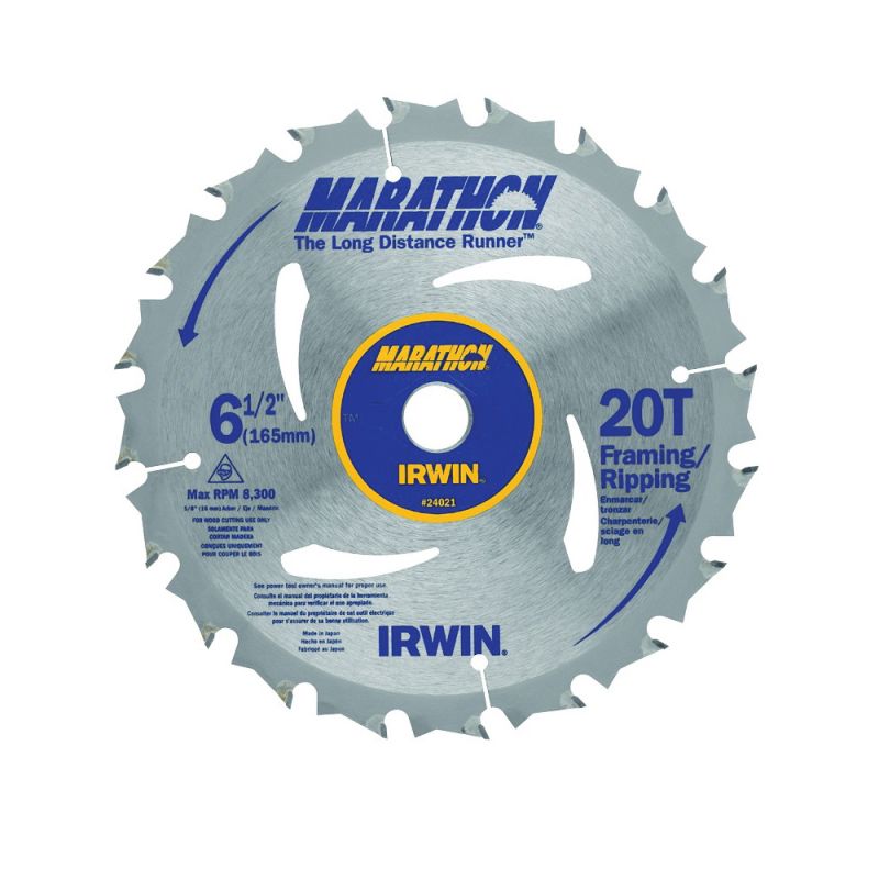 Irwin Marathon 24021 Circular Saw Blade, 6-1/2 in Dia, 5/8 in Arbor, 20-Teeth, Carbide Cutting Edge