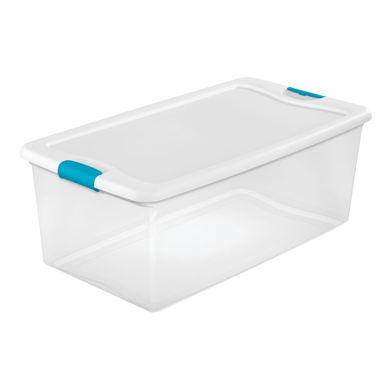 Sterilite 14998004 Latching Box, Plastic, Clear/White, 33-7/8 in L, 18-3/4 in W, 13 in H 106 Qt, Clear/White