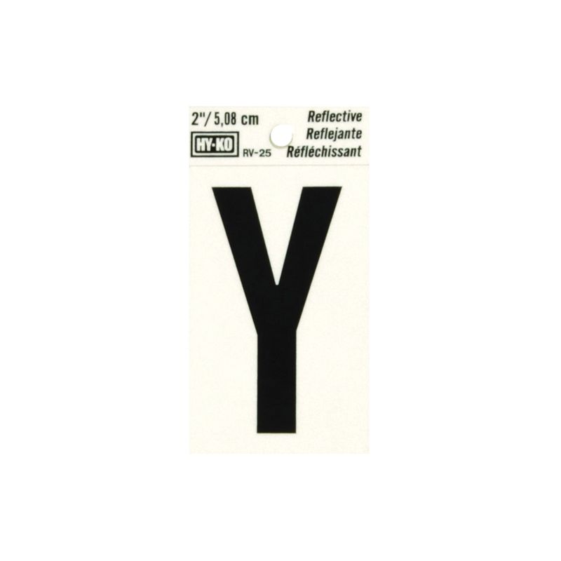 Hy-Ko RV-25/Y Reflective Letter, Character: Y, 2 in H Character, Black Character, Silver Background, Vinyl