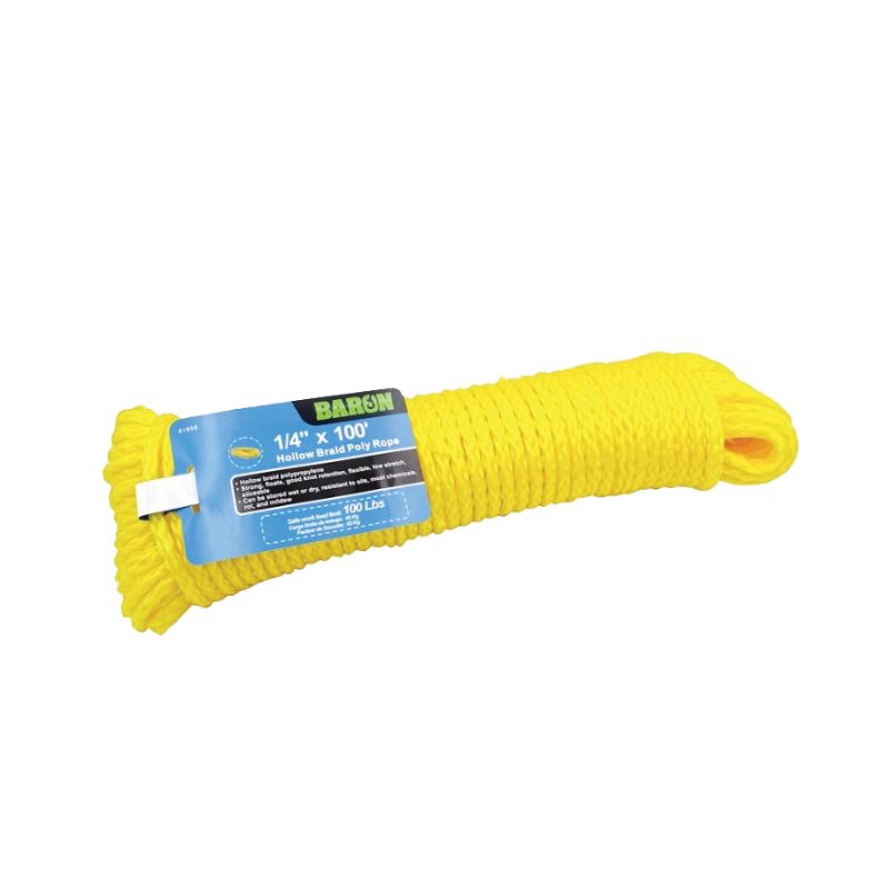 BARON 61806 Rope, 1/4 in Dia, 100 ft L, #8, 100 lb Working Load, Polypropylene, Yellow #8, Yellow