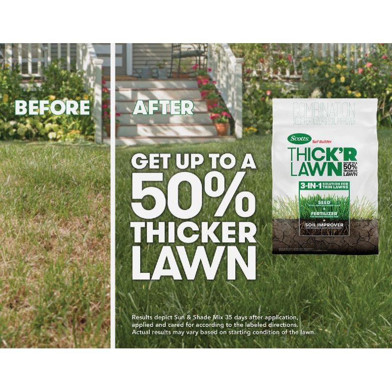 Scotts Turf Builder ThickR Lawn Combination Grass Seed, Fertilizer, &amp; Soil Improver Fine Texture, Dark Green Color