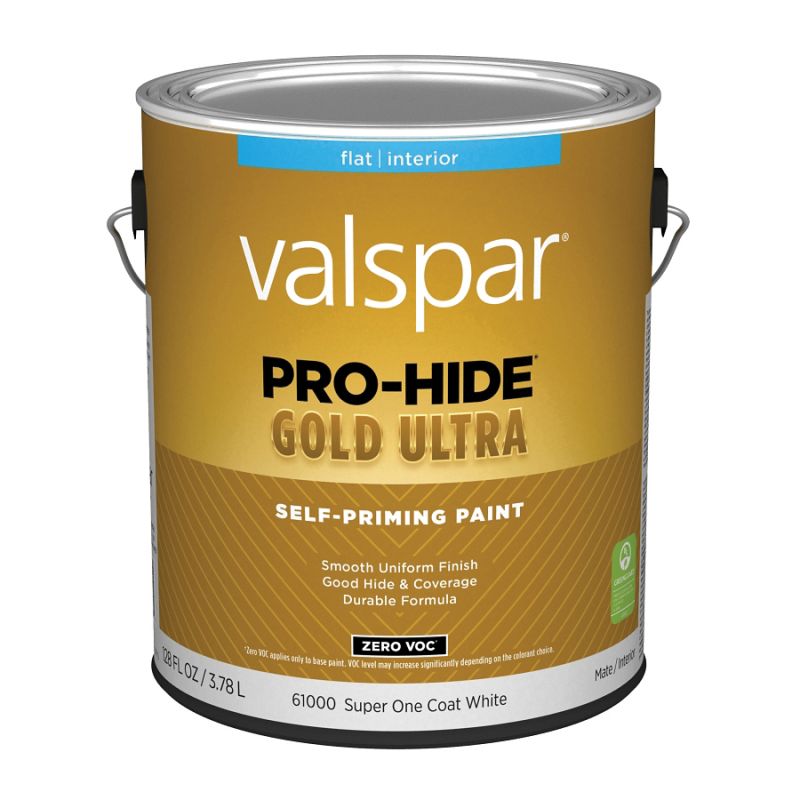Valspar Pro-Hide Gold Ultra 6100 07 Latex Paint, Acrylic Base, Flat Sheen, Super One Coat White, 1 gal Super One Coat White (Pack of 4)