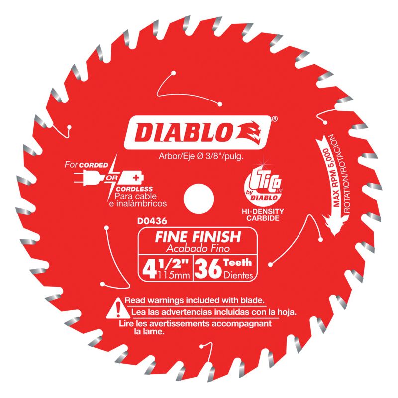 Diablo D0436X Circular Saw Blade, 4-1/2 in Dia, 3/8 in Arbor, 36-Teeth, Carbide Cutting Edge