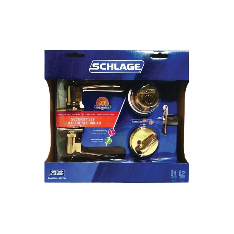 Schlage FB50NVFLA505 Knob Lockset, Mechanical Lock, Lever Handle, Wave Design, Bright Brass, 1 Grade, Metal
