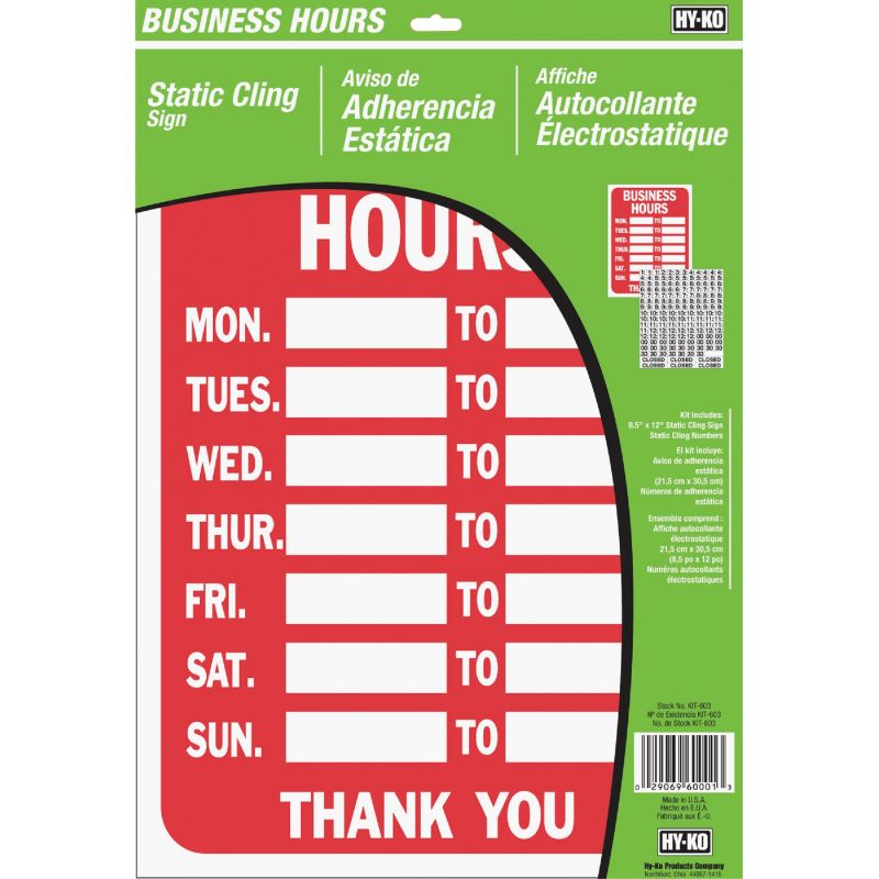 Hy-Ko Business Hours Window Cling Sign Kit
