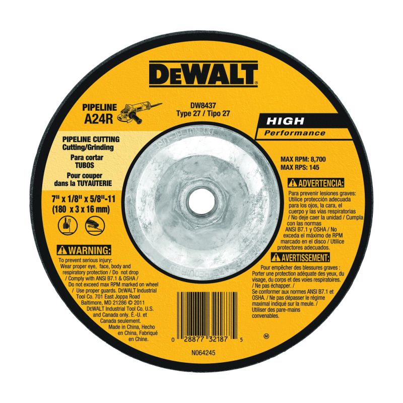 DeWALT DW8437 Grinding Wheel, 7 in Dia, 1/8 in Thick, 5/8-11 in Arbor, 24 Grit, Very Coarse Black/Yellow