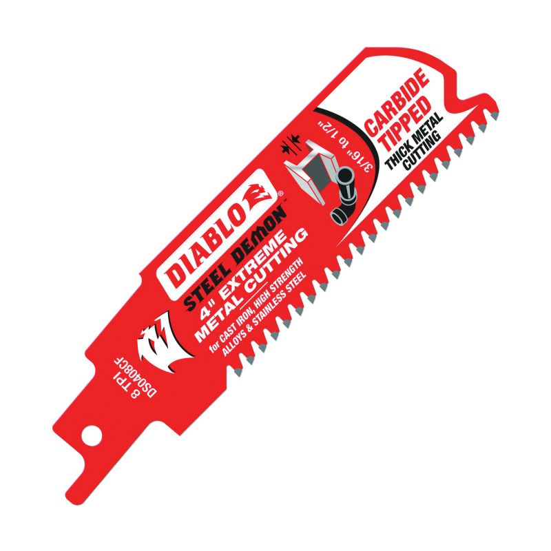 Diablo DS0408CF Reciprocating Saw Blade, 1 in W, 4 in L, 8 TPI, Carbide Cutting Edge Red