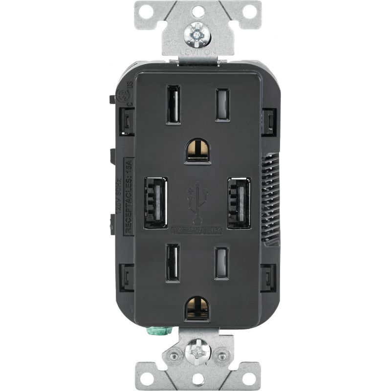 Leviton Decora 2-Port USB Charging Outlet With Tamper Resistant Duplex Outlet Black, 3.6A/15A