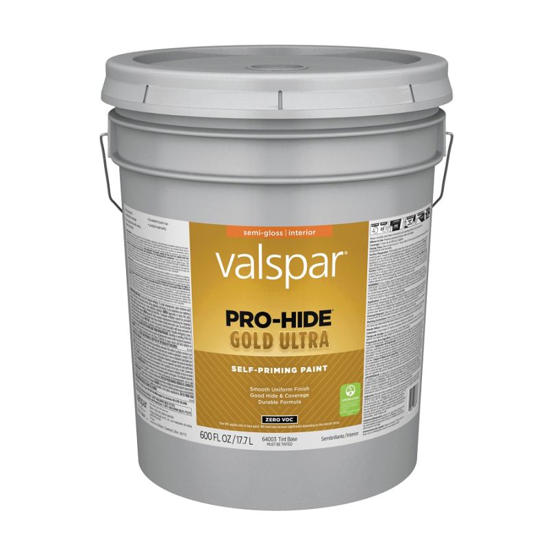 Valspar Pro-Hide Gold Ultra 6400 08 Latex Paint, Acrylic Base, Semi-Gloss Sheen, Tint White, 5 gal Tint White
