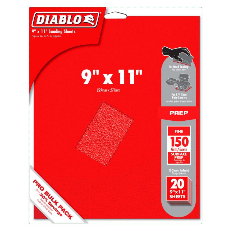 Diablo DCS911150S20G Sanding Sheet, 9 in W, 11 in L, 150 Grit, Fine, Aluminum Oxide Abrasive, Paper Backing