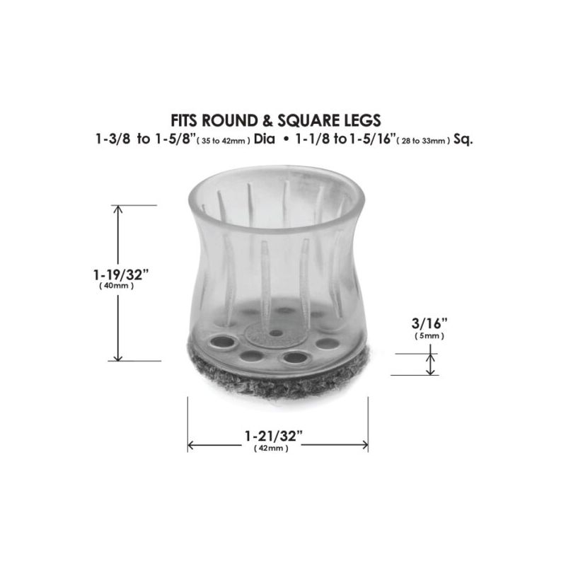 Set of 4, 1-3/8&quot; to 1-5/8&quot; (35-42mm) Round Clear Sleeve Glides with Marine Grade Berber – CB5006