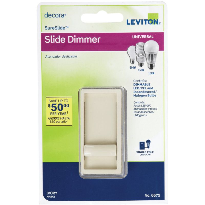 Leviton Decora SureSlide Single Pole Slide Dimmer Switch Ivory