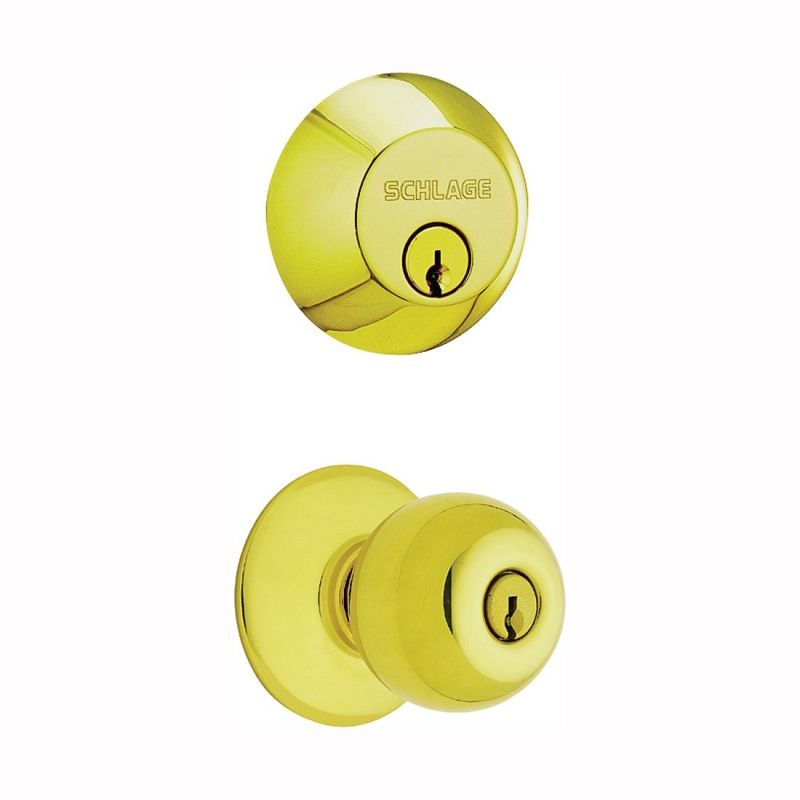 Schlage FB50NVPLY505 Knob Lockset, Mechanical Lock, Knob Handle, Round Design, Bright Brass, 1 Grade, Metal