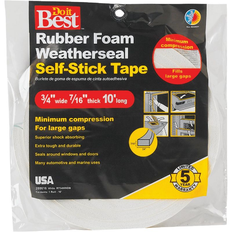 Do it Best Rubber Foam Weatherstrip Tape 3/4&quot; W X 7/16&quot; T X 10&#039; L, White