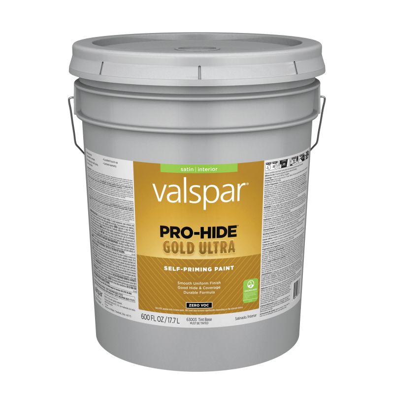 Valspar Pro-Hide Gold Ultra 6300 08 Latex Paint, Acrylic Base, Satin, Tint White, 5 gal Tint White