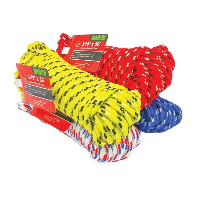 BARON 42607 Rope, 3/16 in Dia, 50 ft L, 244 lb Working Load, Polypropylene, Assorted Assorted