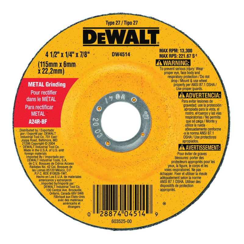 DeWALT DW4514 Grinding Wheel, 4-1/2 in Dia, 1/4 in Thick, 7/8 in Arbor, 24 Grit, Very Coarse Black/Yellow