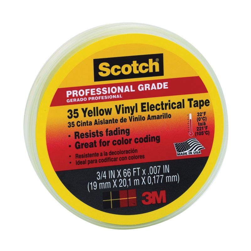 Scotch 10844-DL-5 Electrical Tape, 66 ft L, 3/4 in W, PVC Backing, Yellow Yellow