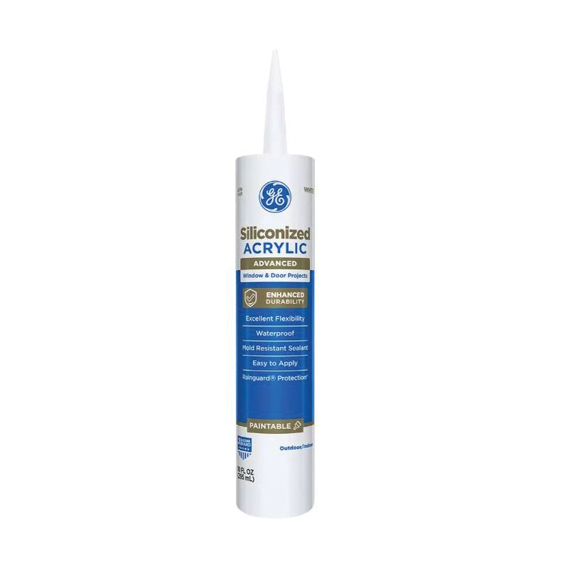 GE Siliconized Advanced Acrylic 2863841 Window &amp; Door Sealant, White, 1 to 14 days Curing, 10 fl-oz Cartridge White (Pack of 12)