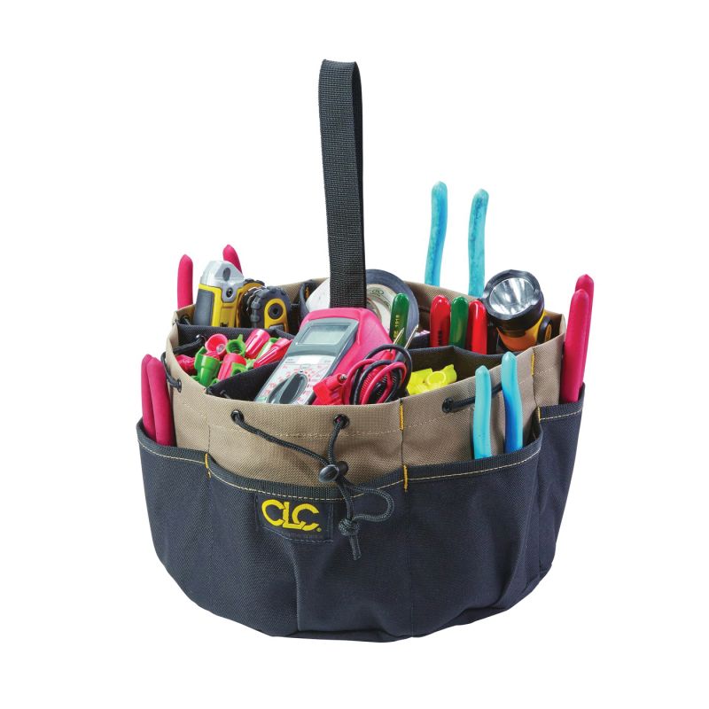 CLC Tool Works BUCKETBAG Series 1148 Bucket Tool Bag, 7 in H, 22-Pocket, Polyester, Black/Tan Black/Tan