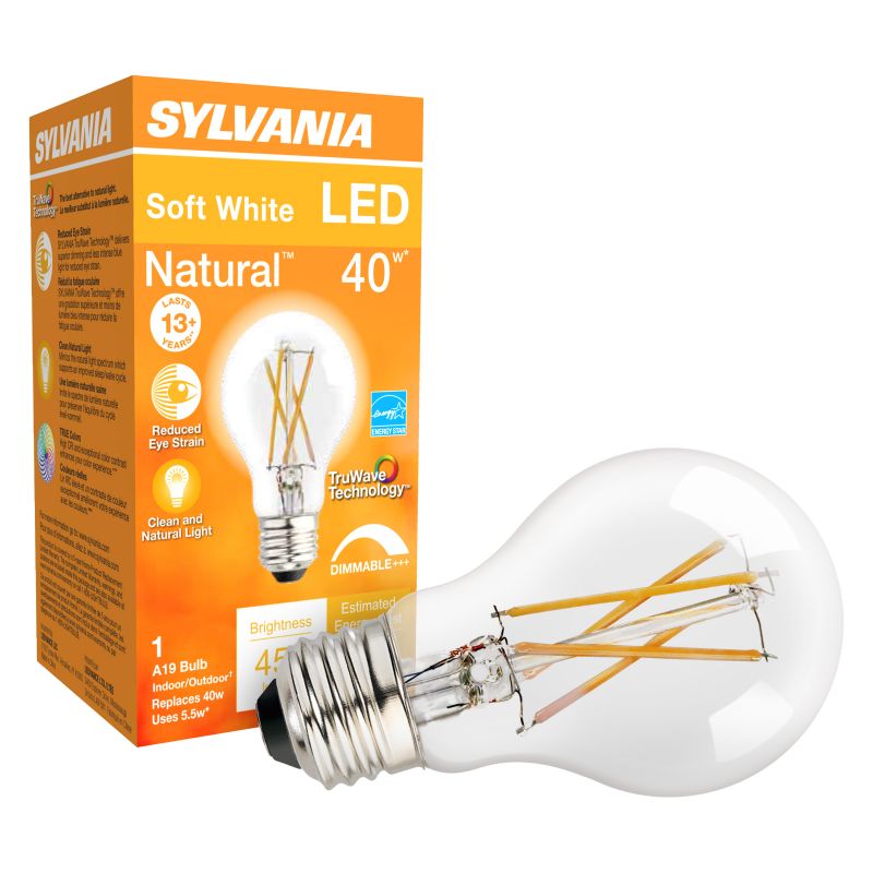 Sylvania 40699 LED Light Bulb, General Purpose, A19 Lamp, Dimmable, Clear, Soft White Light, 2700 K Color Temp (Pack of 6)
