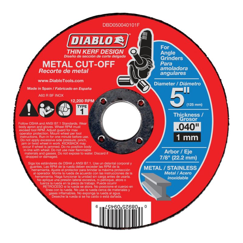 Diablo DBD050040101F Cut-Off Wheel, 5 in Dia, 0.04 in Thick, 7/8 in Arbor, Aluminum Oxide Abrasive