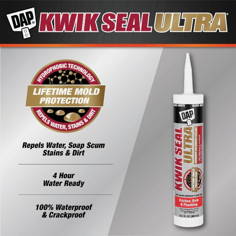 Dap Kwik Seal Ultra Advanced Kitchen &amp; Bath Silicone Sealant White, 10.1 Oz.