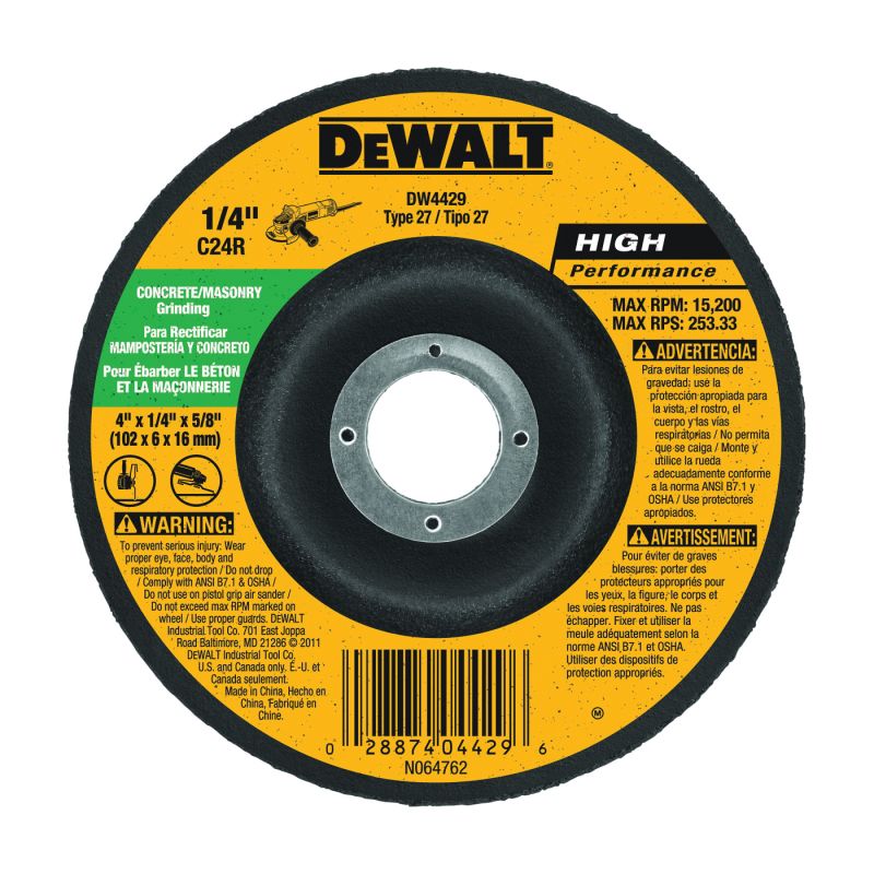 DeWALT DW4429 Grinding Wheel, 4 in Dia, 1/4 in Thick, 5/8 in Arbor, 24 Grit, Very Coarse Black/Yellow