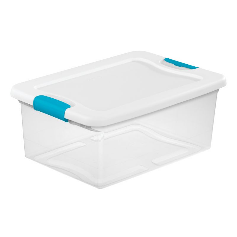 Sterilite 14948012 Latching Box, Plastic, Clear/White, 16-1/4 in L, 11-1/4 in W, 6-3/4 in H 15 Qt, Clear/White