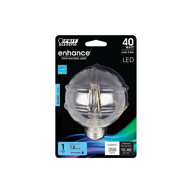 Feit Electric BPG2540/950CA/FIL LED Bulb, Globe, G25 Lamp, 40 W Equivalent, E26 Lamp Base, Dimmable, Clear