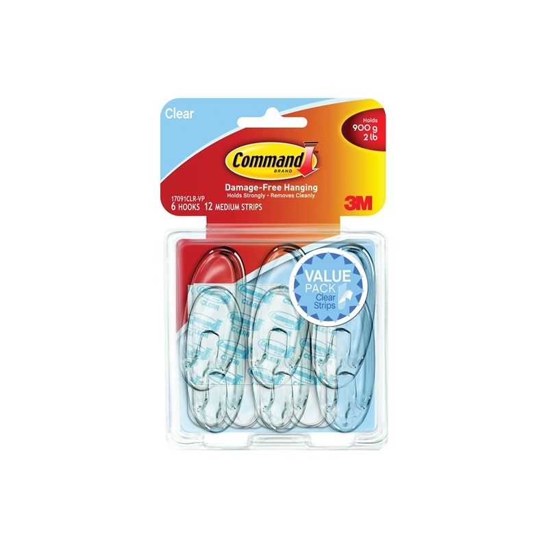 3M Command™ Clear Hooks & Strips, Plastic/Wire, Small, 9 Hooks w/12 Adhesive  Strips per Pack