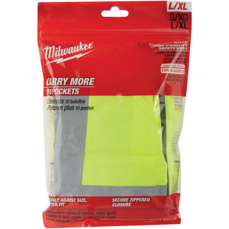 Milwaukee ANSI Class 2 Safety Vest L/XL, Hi Vis Yellow