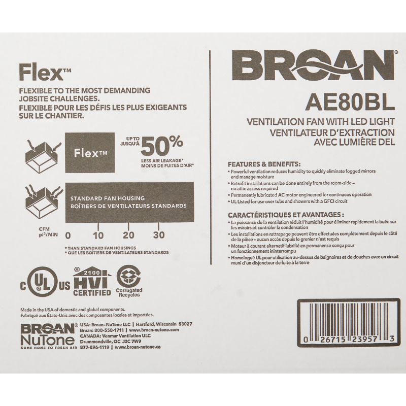 Broan Flex Series 80 CFM Bath Exhaust Fan White