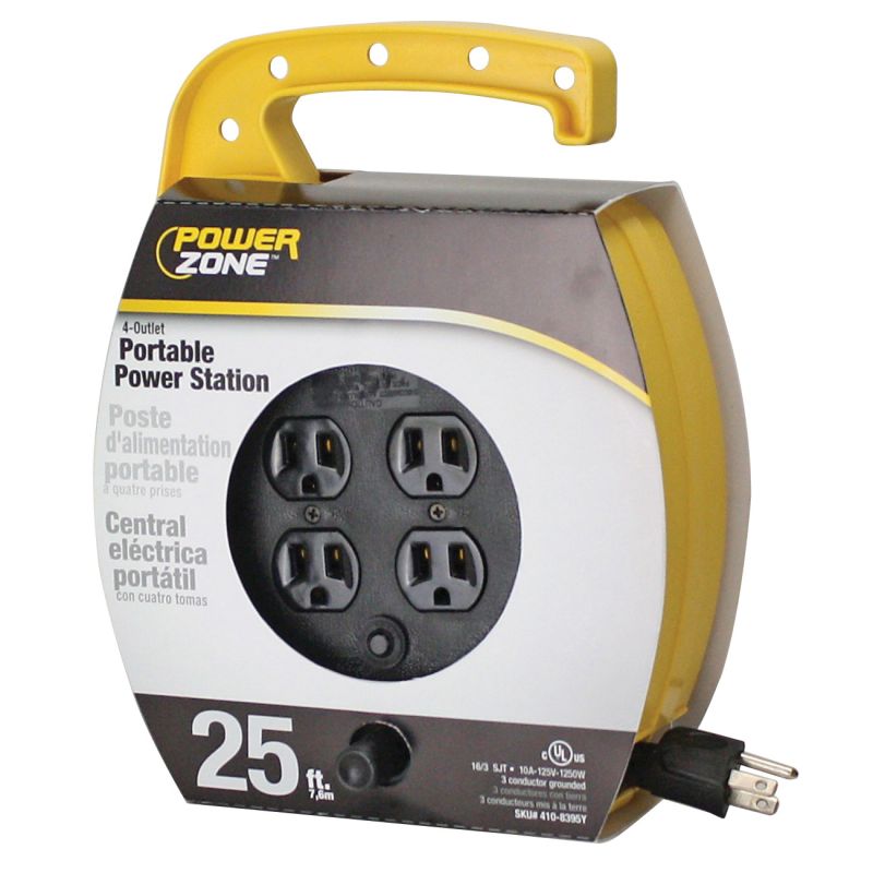 PowerZone ORCR220625 Cord Reel, 25 ft L Cord, 16 AWG Wire, 4 -Socket, 5-15R NEMA Socket, 5-15P NEMA Plug, 125 V Black/Yellow
