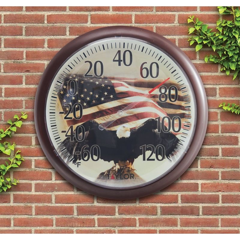Taylor SpringField 13.25&quot; Flag Dial Indoor &amp; Outdoor Thermometer 13-1/4 In. Dia., Brown Trim